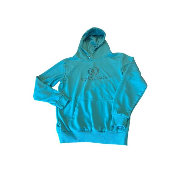 Balenciaga Teal Cotton Logo Hoodie Sweatshirt L Designer - Picture 1 of 7